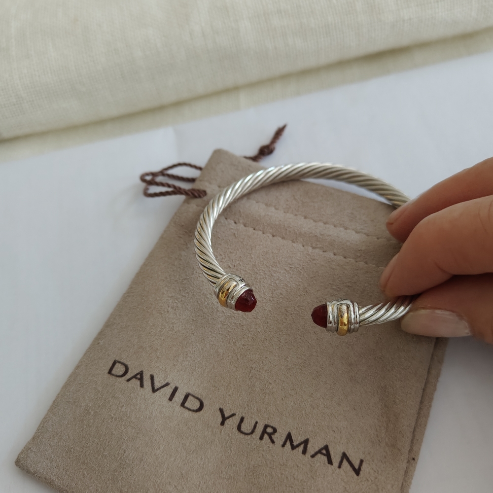 David Yurman Silver and Gold Cable Bracelet with Red Ruby Stone. Authentic.
